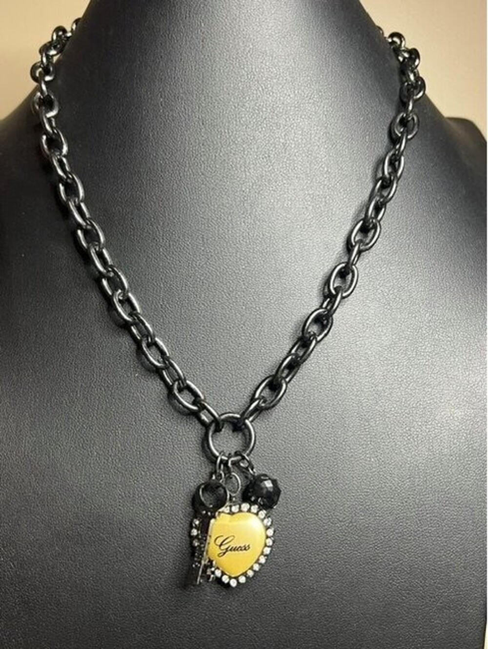 B7296 Guess Heart Key Charm Necklace Gunmetal Tone Rhinestone 18"